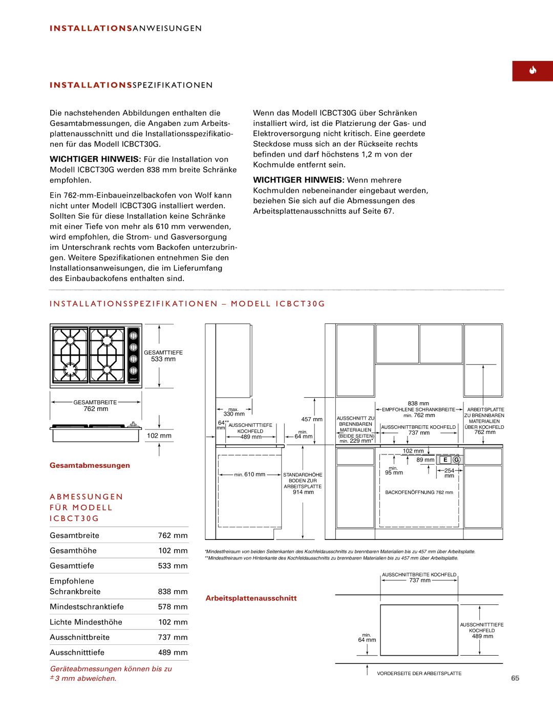 Wolf ICBCT15G Installationsspezifikationen Modell ICBCT30G, Abmessungen FÜR Modell ICBCT30G, Gesamtbreite 762 mm 