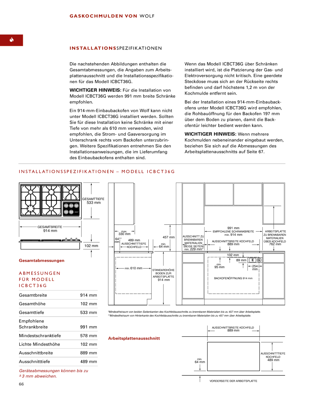 Wolf ICBCT15G Gaskochmulden VON Wolf, Installations Spezifikationen, Installationsspezifikationen Modell ICBCT36G 