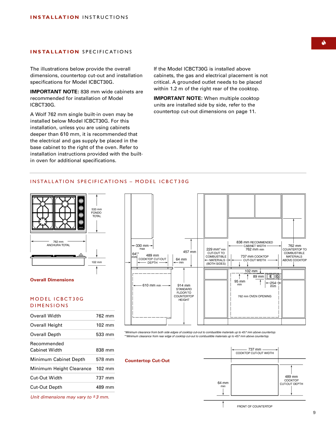 Wolf ICBCT15G S Ta L L At I O N I N S T Ru C T I O N S, Installation Specifications Model ICBCT30G 