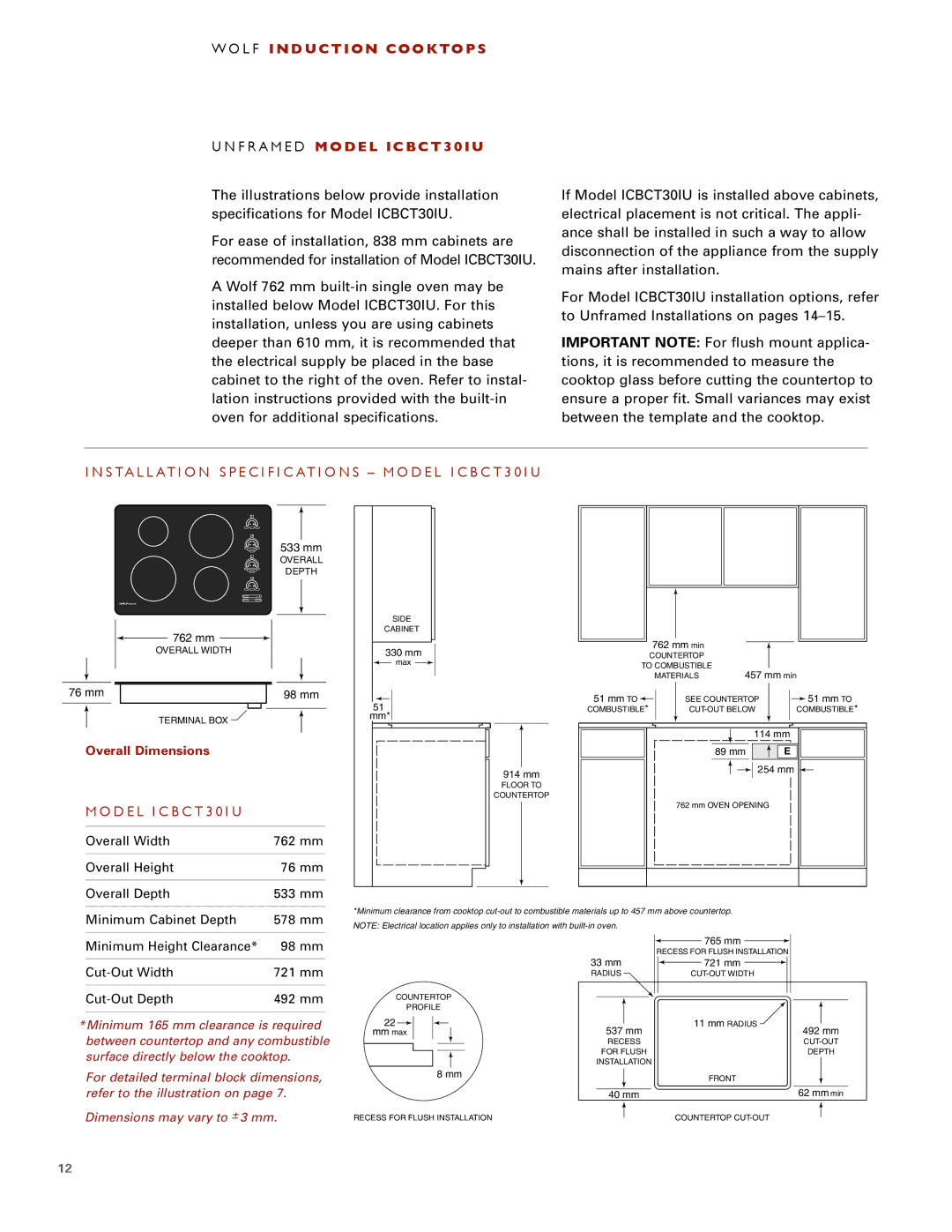 Wolf ICBCT30I installation instructions D E L I C B C T 3 0 I U, Minimum Cabinet Depth 578 mm 