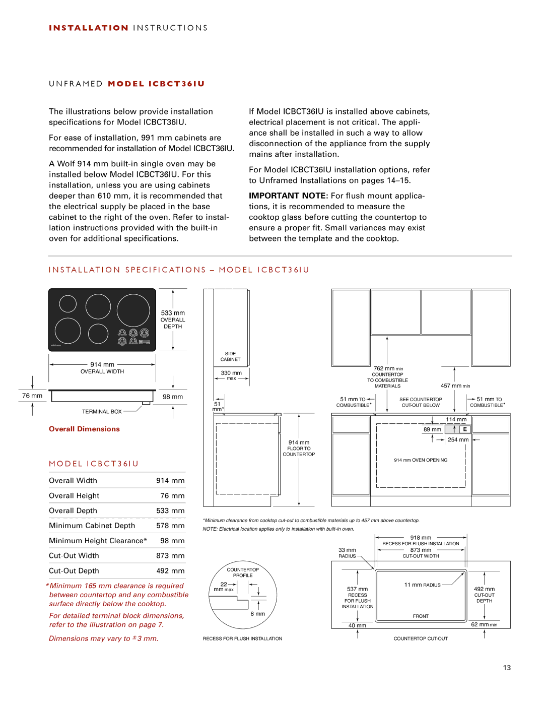 Wolf ICBCT30I installation instructions D E L I C B C T 3 6 I U, Minimum Height Clearance 98 mm, Cut-Out Depth 492 mm 