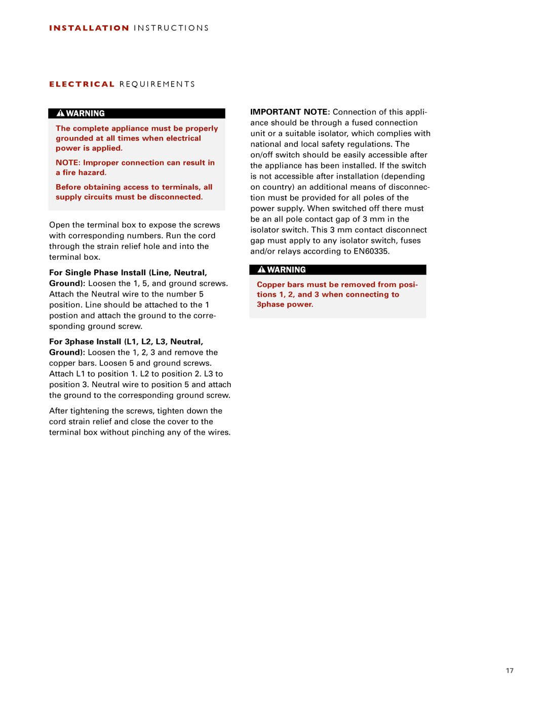 Wolf ICBCT30I installation instructions For Single Phase Install Line, Neutral 