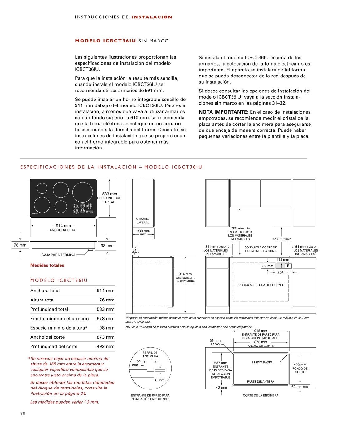 Wolf ICBCT30I installation instructions Modelo ICBCT36IU SIN Marco, Ancho del corte 873 mm 