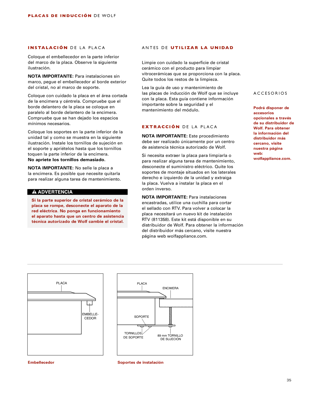 Wolf ICBCT30I installation instructions No apriete los tornillos demasiado 