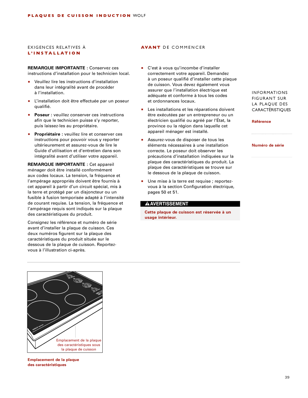 Wolf ICBCT30I installation instructions ’ I N S Ta L L At I O N, Remarque Importante Cet appareil 