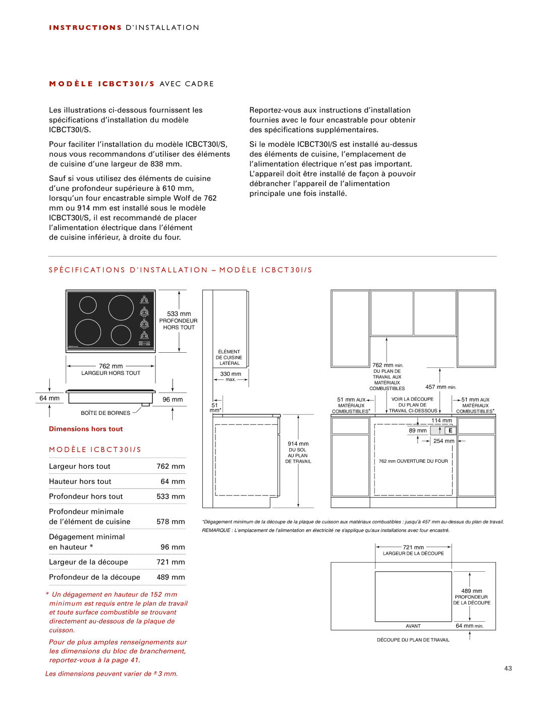 Wolf installation instructions D È L E ICBCT30I/S Avec C Adre, Profondeur minimale De l’élément de cuisine 578 mm 