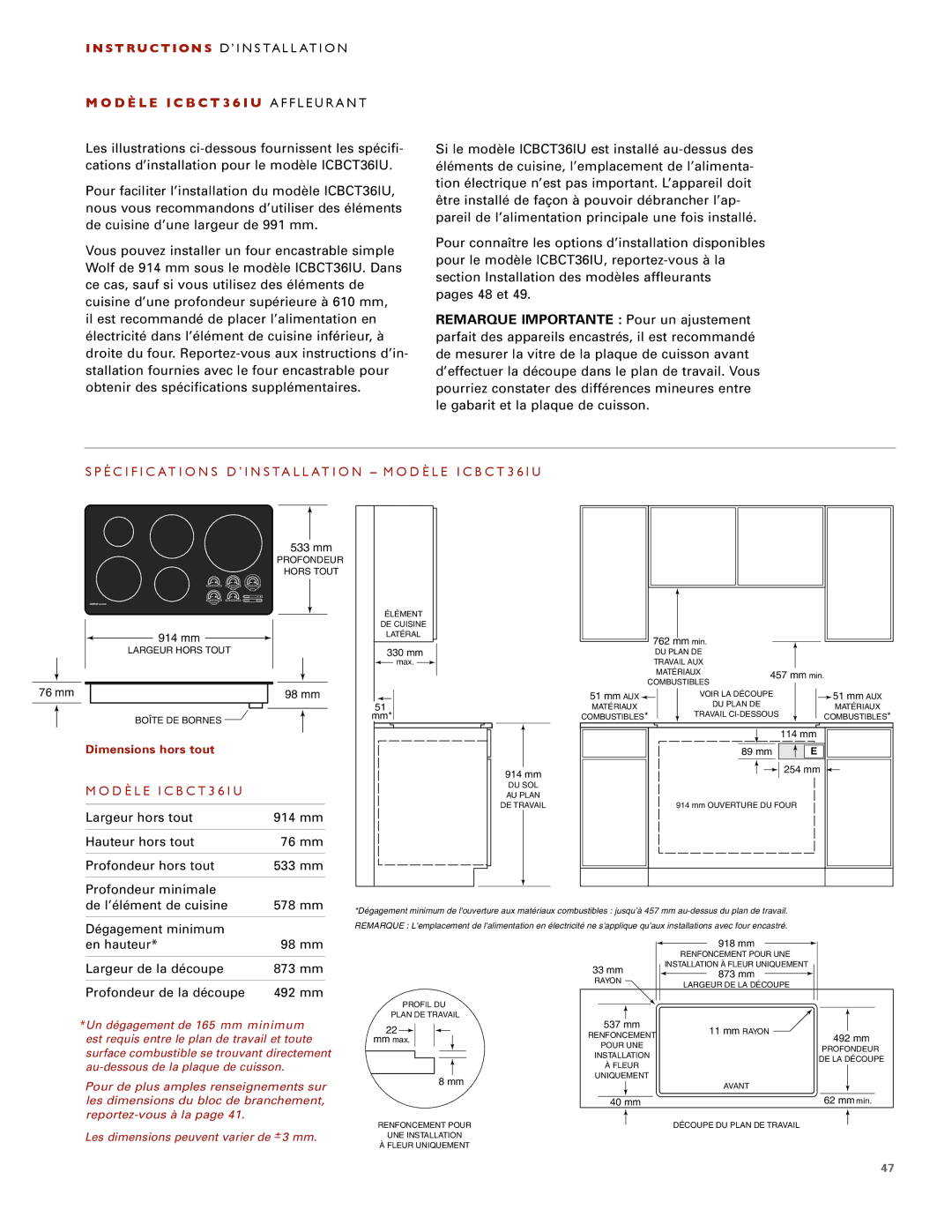 Wolf ICBCT30I installation instructions Modèle ICBCT36IU a F F L E U R a N T, Largeur hors tout 914 mm 