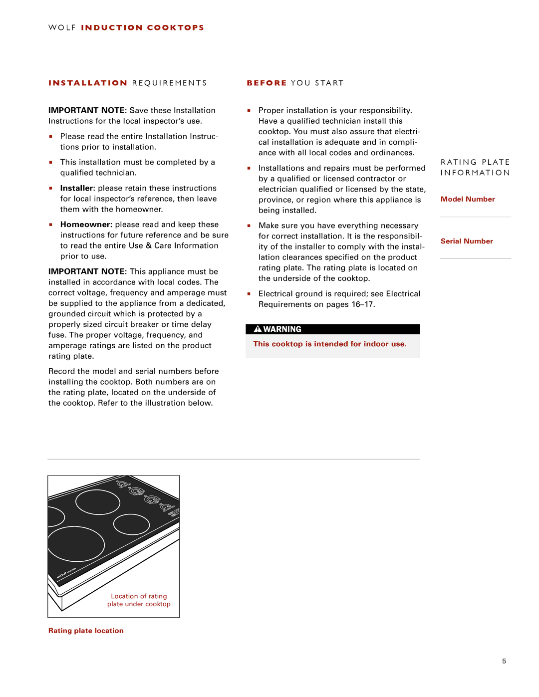 Wolf ICBCT30I installation instructions This cooktop is intended for indoor use 