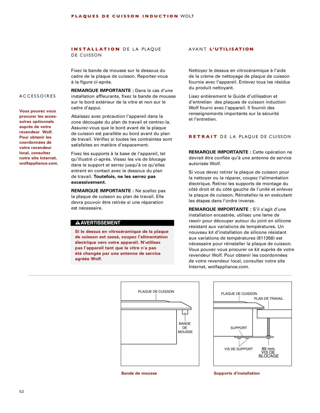 Wolf ICBCT30I installation instructions S TA L L AT I O N D E L a Plaque, Ava N T L’Utilisation 