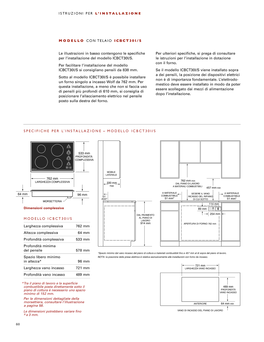 Wolf installation instructions D E L L O CON Telaio ICBCT30I/S, Larghezza complessiva 762 mm, Spazio libero minimo 