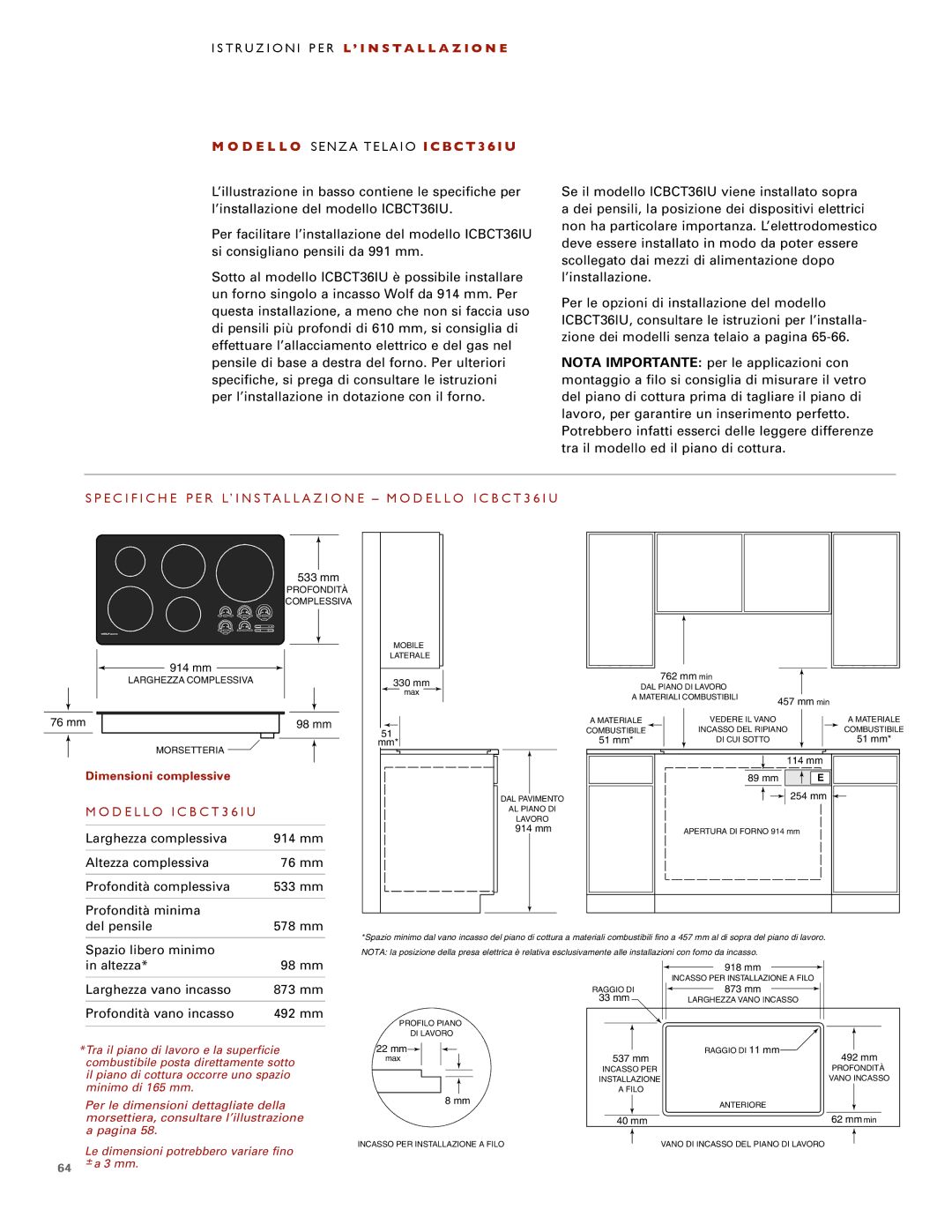 Wolf ICBCT30I installation instructions D E L L O Senza Telaio ICBCT36IU, Altezza 98 mm, Larghezza vano incasso 873 mm 