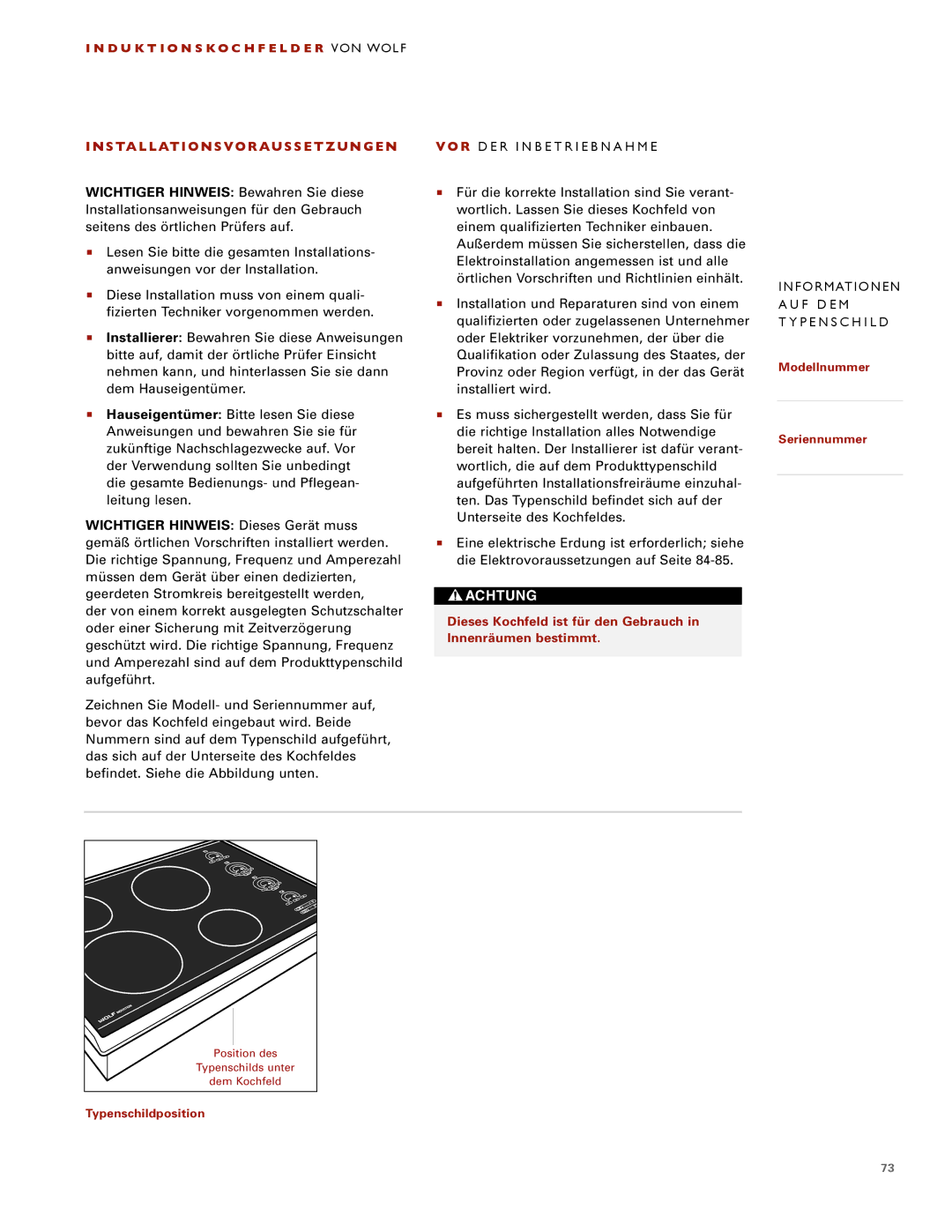 Wolf ICBCT30I installation instructions Dieses Kochfeld ist für den Gebrauch in Innenräumen bestimmt 