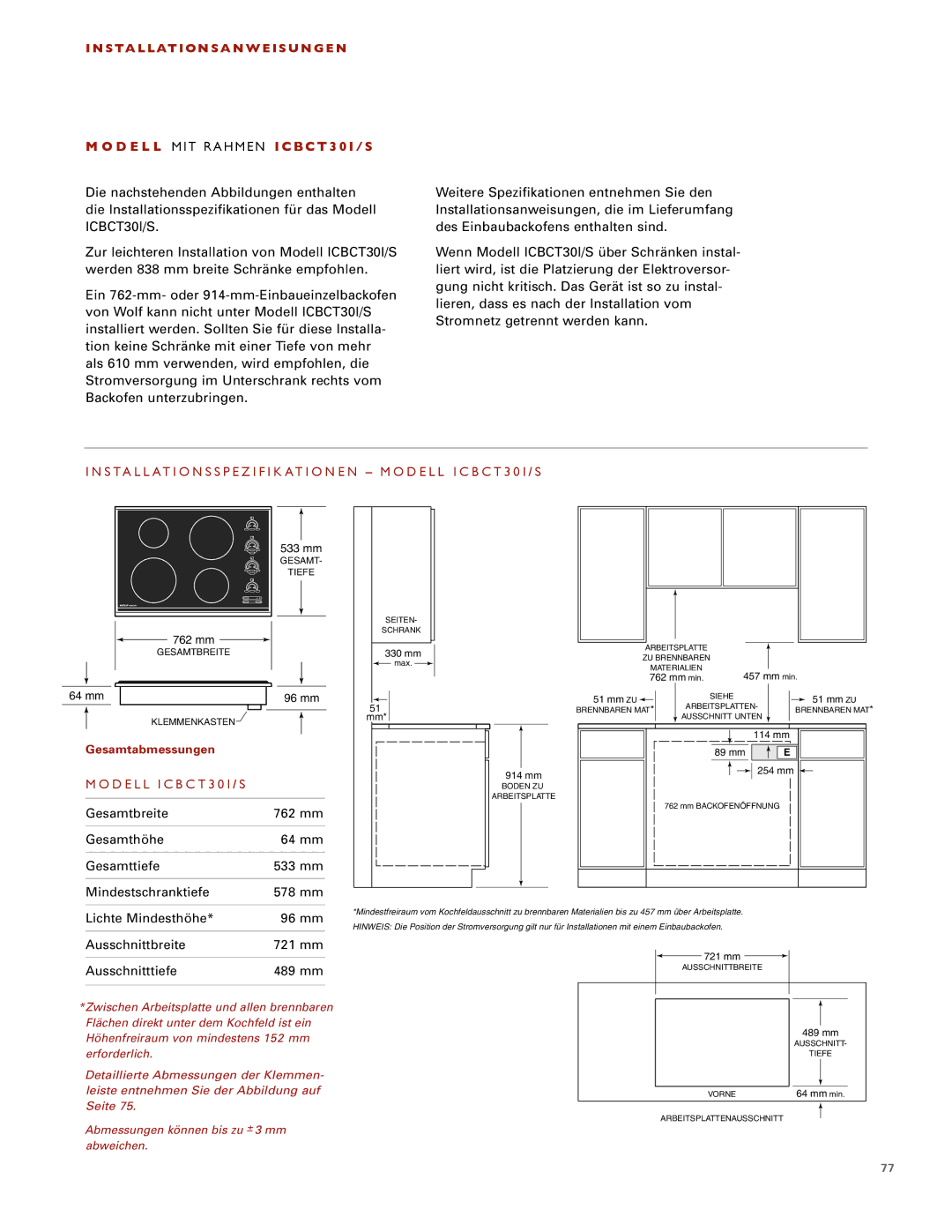 Wolf Installationsanweisungen D E L L MIT Rahmen ICBCT30I/S, Gesamtbreite 762 mm, Ausschnittbreite 721 mm 