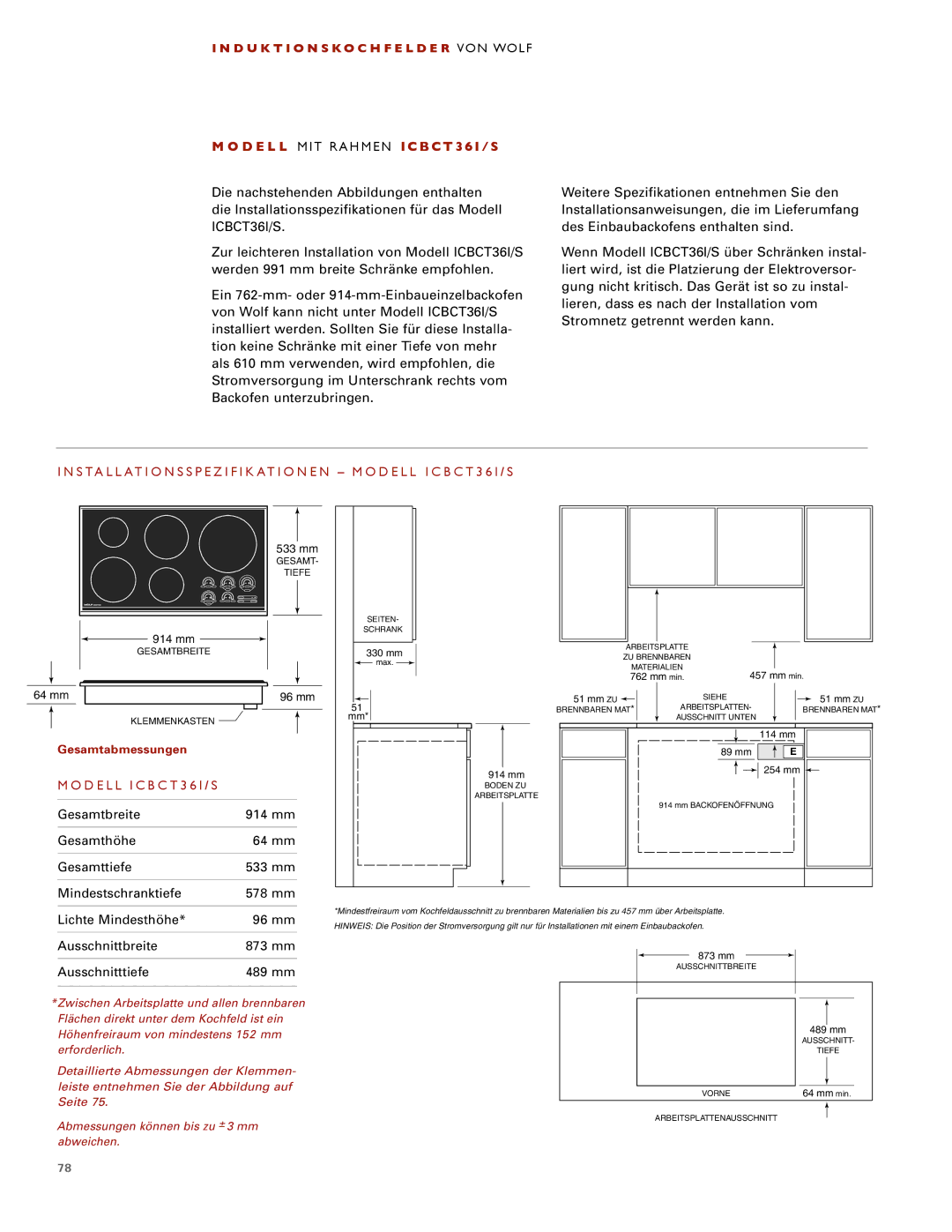 Wolf ICBCT30I installation instructions Gesamtbreite 914 mm, Lichte Mindesthöhe 96 mm, Ausschnittbreite 873 mm 