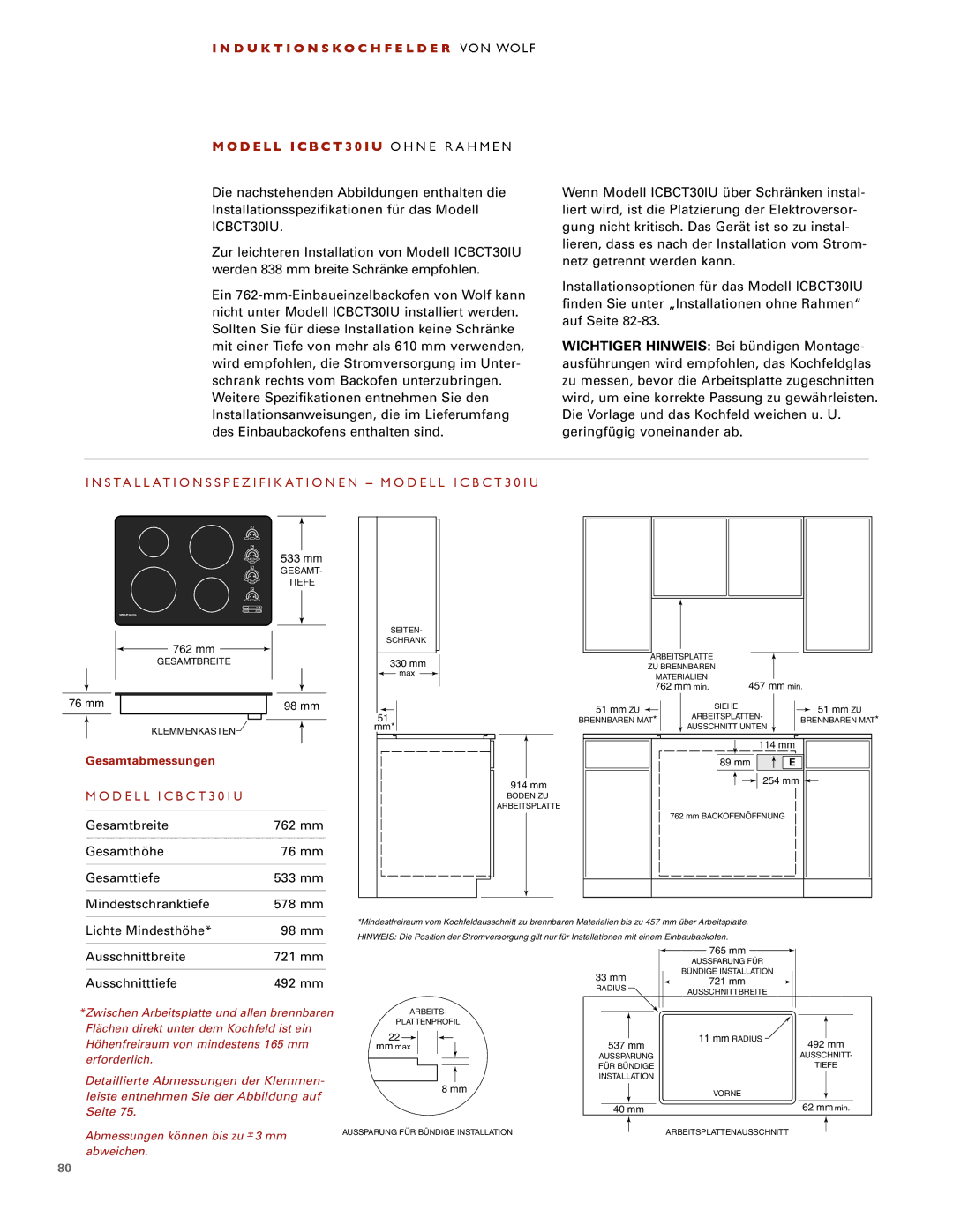 Wolf ICBCT30I installation instructions Gesamtbreite 762 mm, Ausschnitttiefe 492 mm 