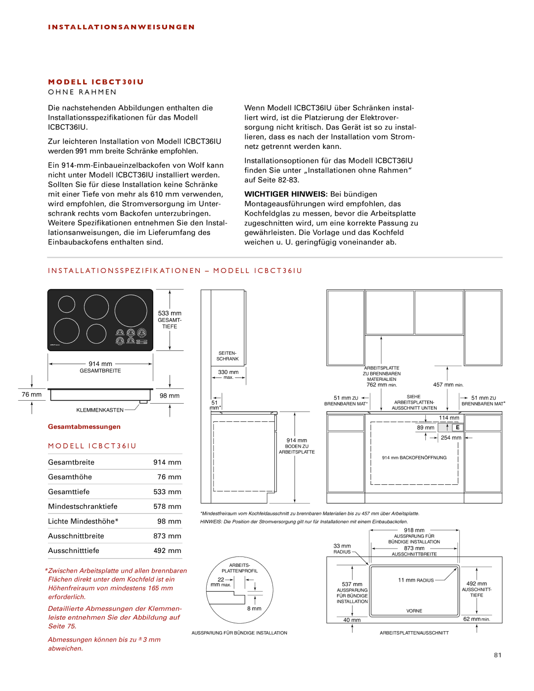 Wolf installation instructions Installationsanweisungen Modell ICBCT30IU, Lichte Mindesthöhe 98 mm 