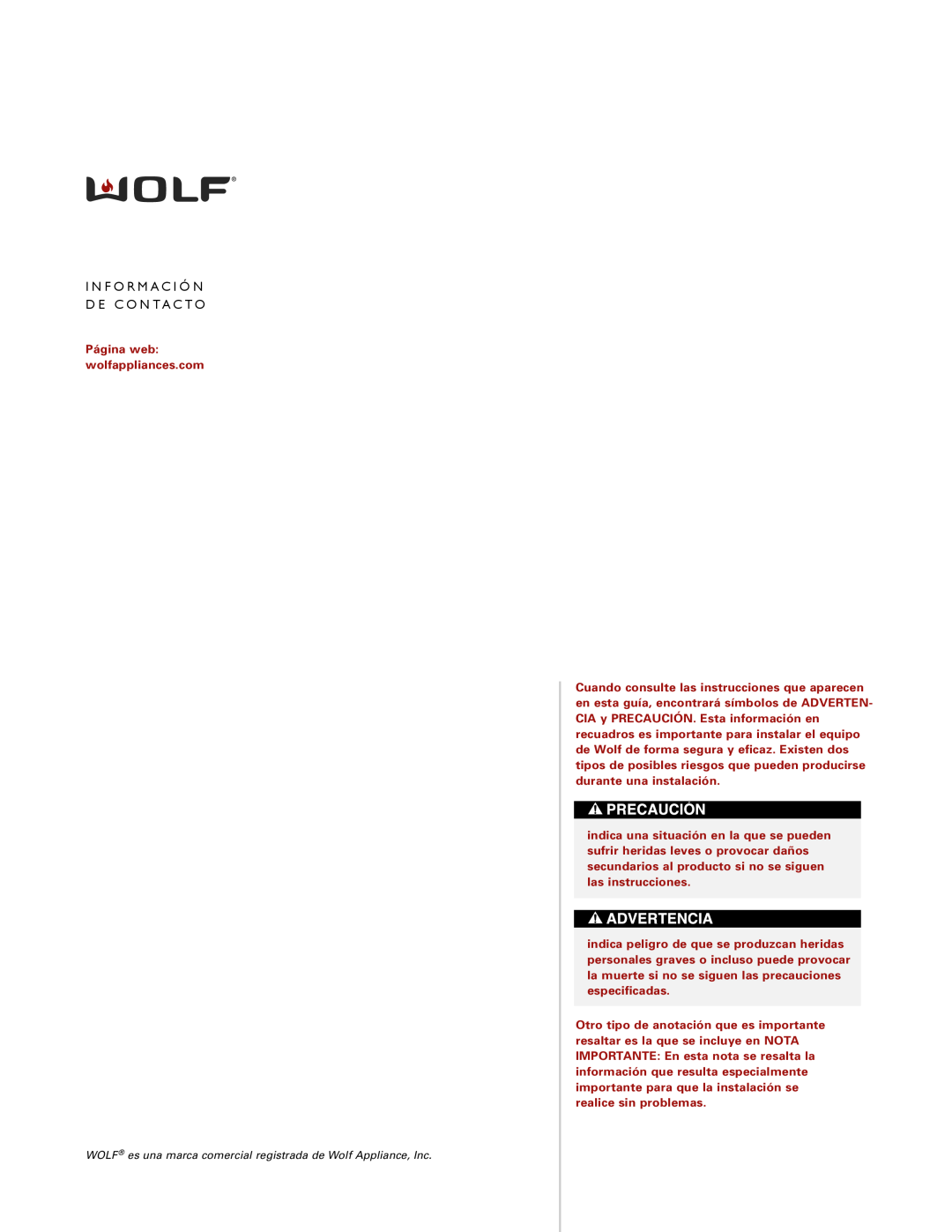Wolf ICBCT30I installation instructions I N F O R M A C I Ó N D E C O N Ta C To 