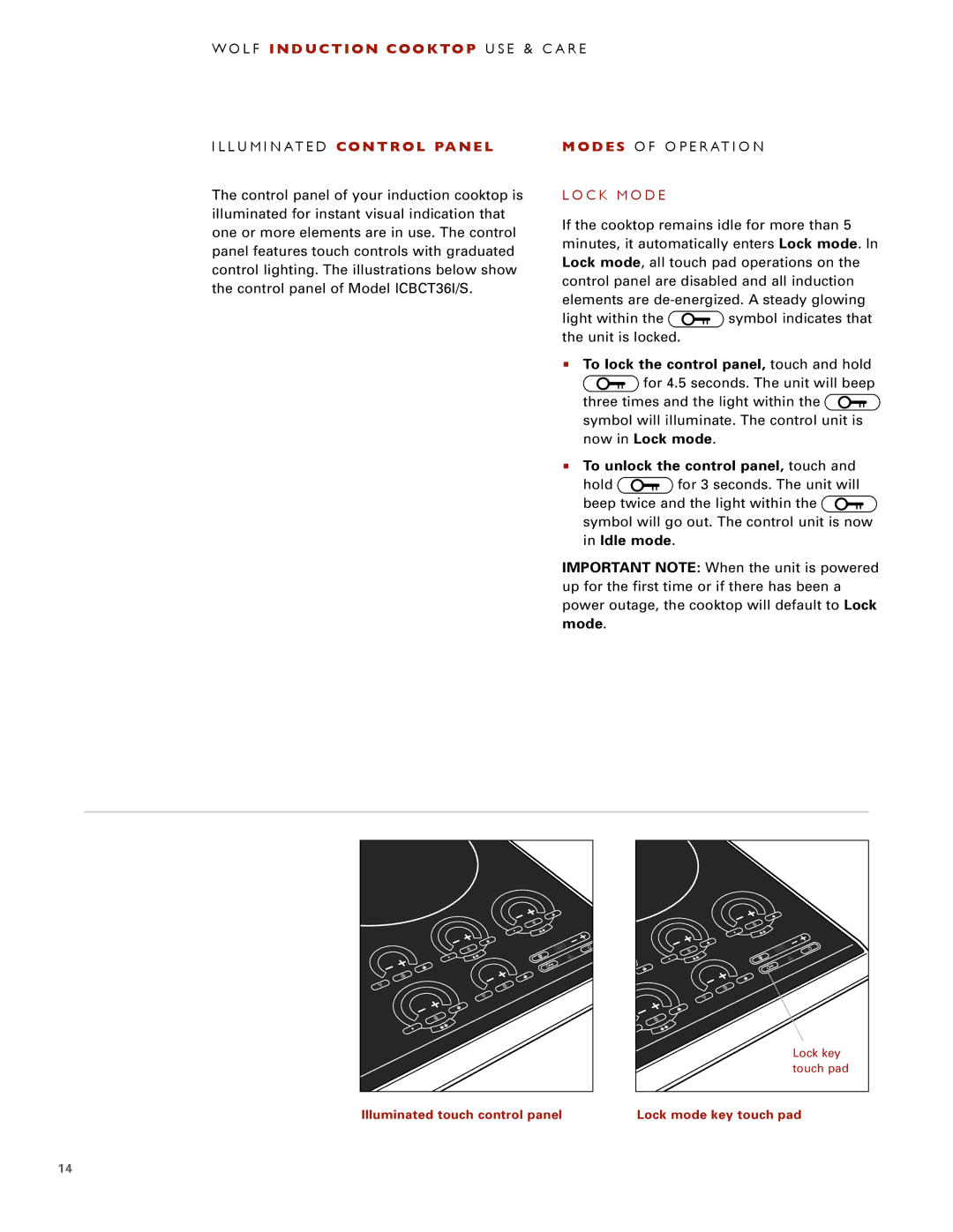 Wolf ICBCT30IU manual To lock the control panel, touch and hold, To unlock the control panel, touch, Mode 