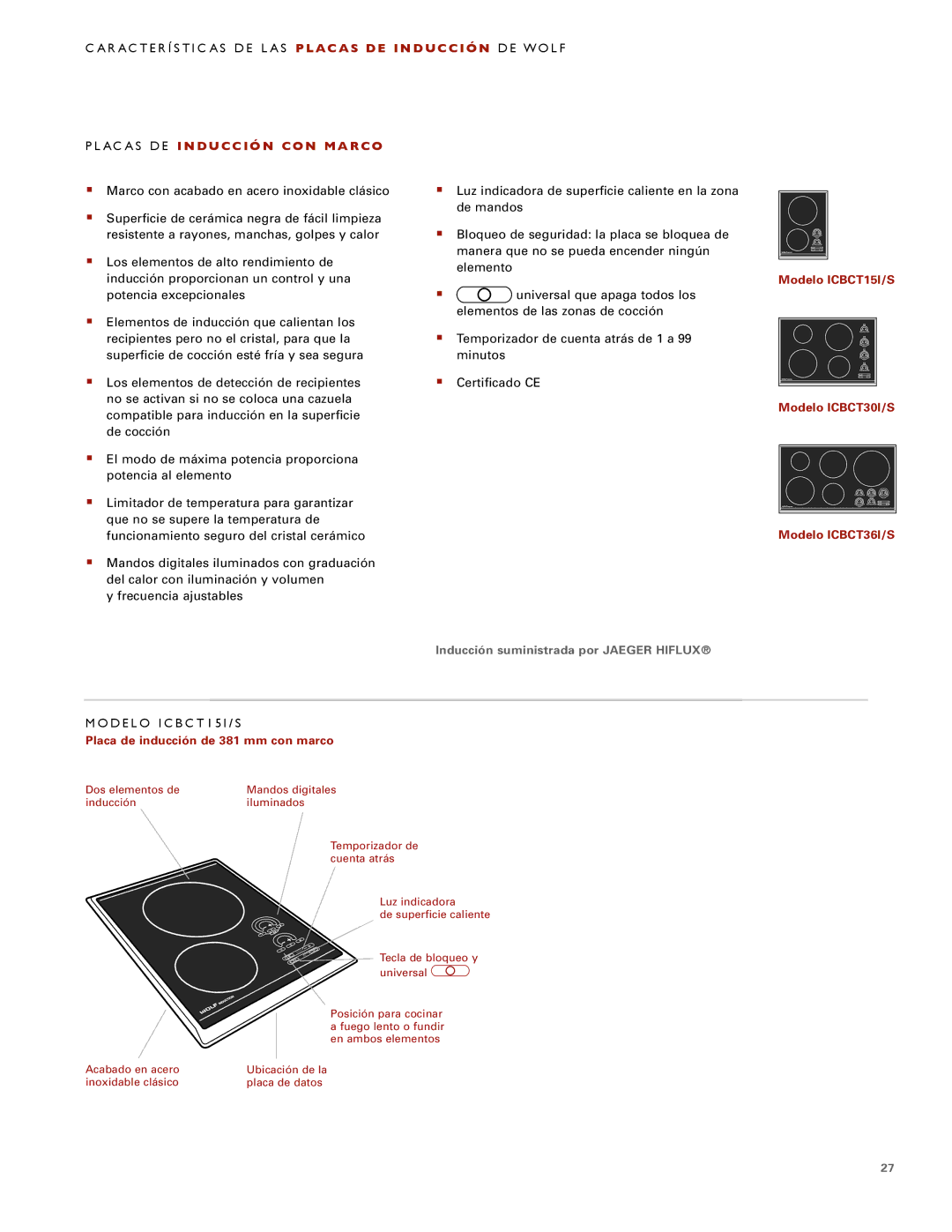 Wolf ICBCT30IU manual A C a S D E Inducción CON Marco, D E L O I C B C T 1 5 I / S, Placa de inducción de 381 mm con marco 