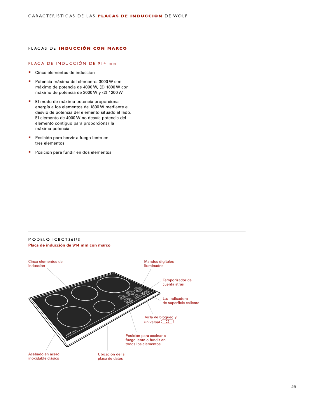 Wolf ICBCT30IU manual D E L O I C B C T 3 6 I / S, Placa de inducción de 914 mm con marco 