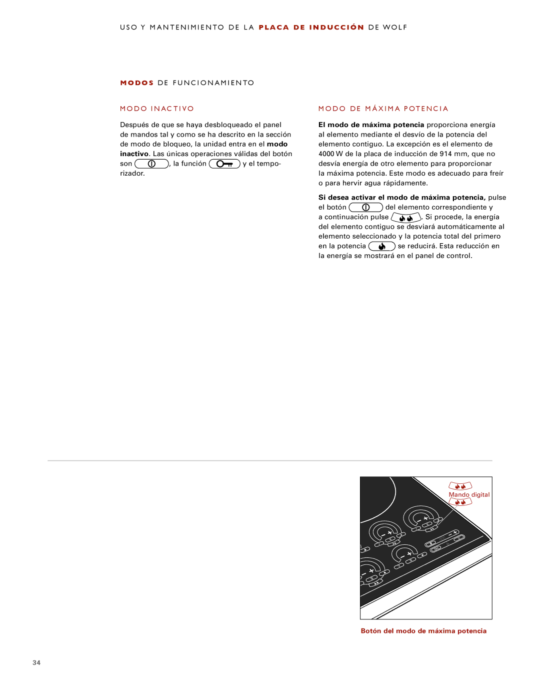 Wolf ICBCT30IU manual Botón del modo de máxima potencia 