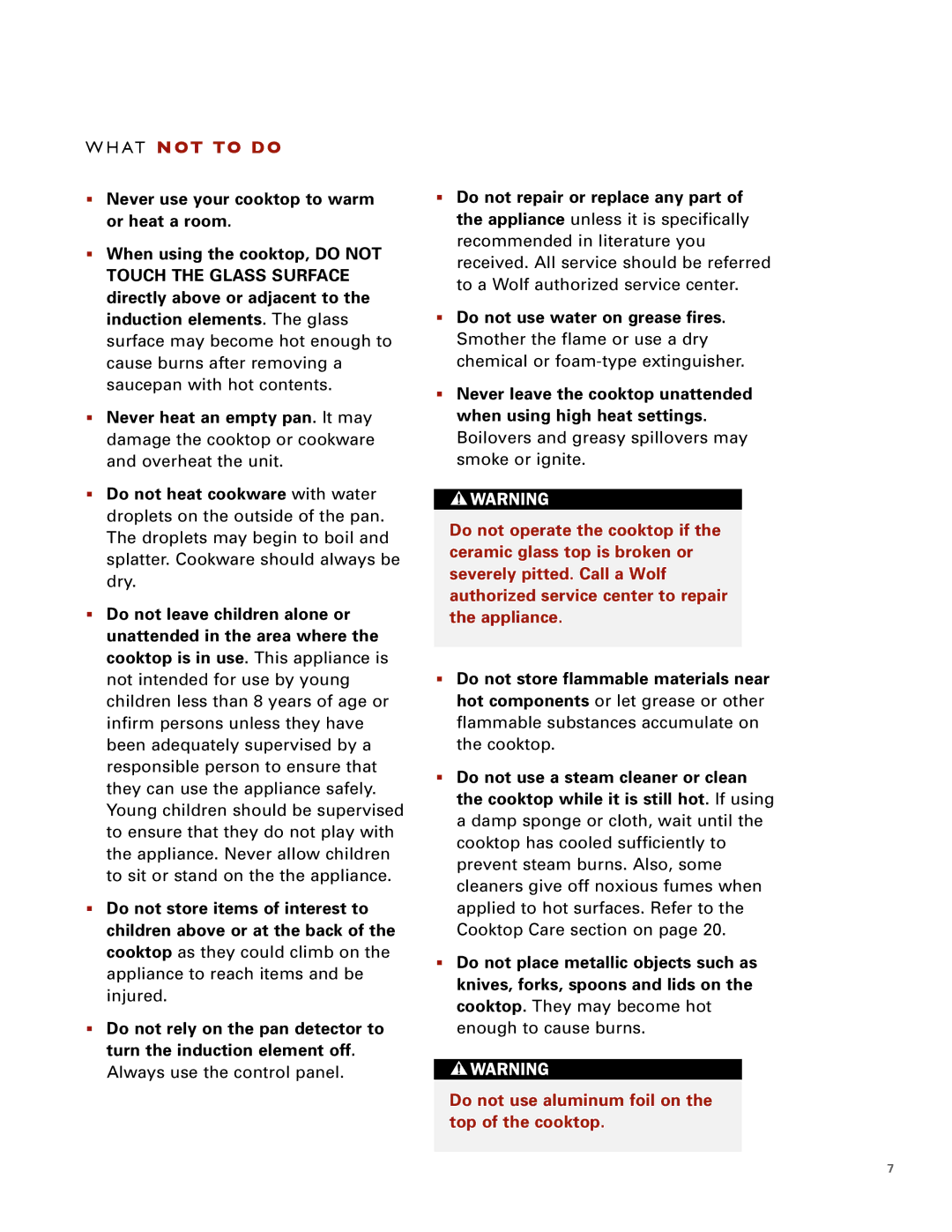 Wolf ICBCT30IU manual Do not use aluminum foil on the top of the cooktop 