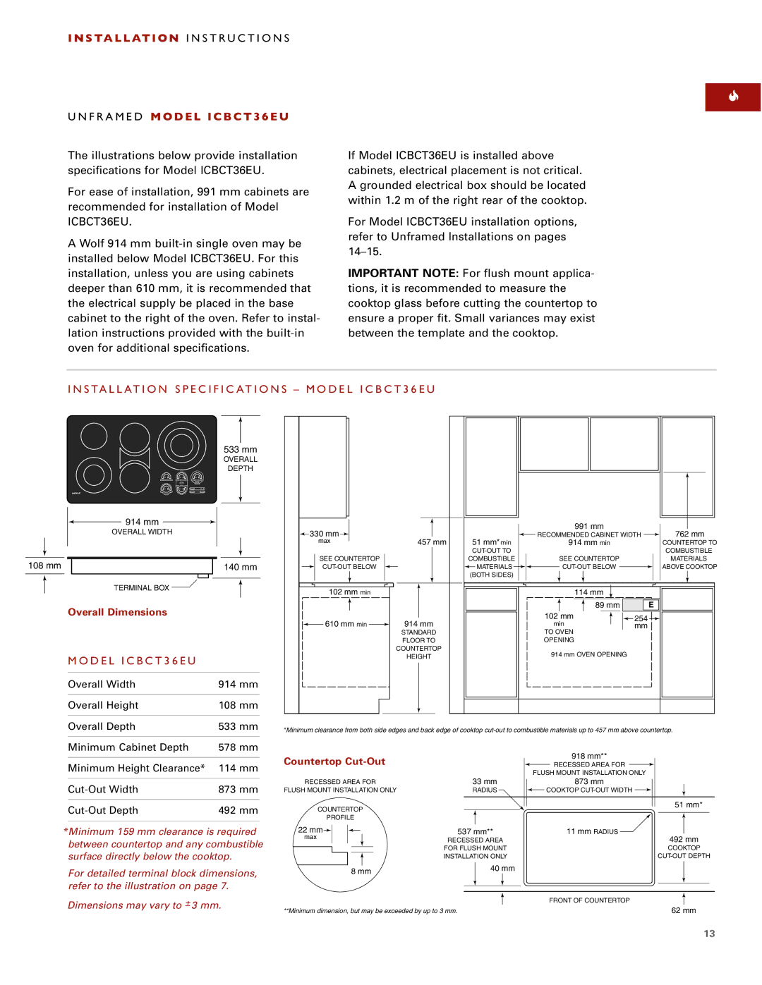 Wolf ICBCT30EU, ICBCT15E installation instructions Installation Specific Ations Model ICBCT36EU 