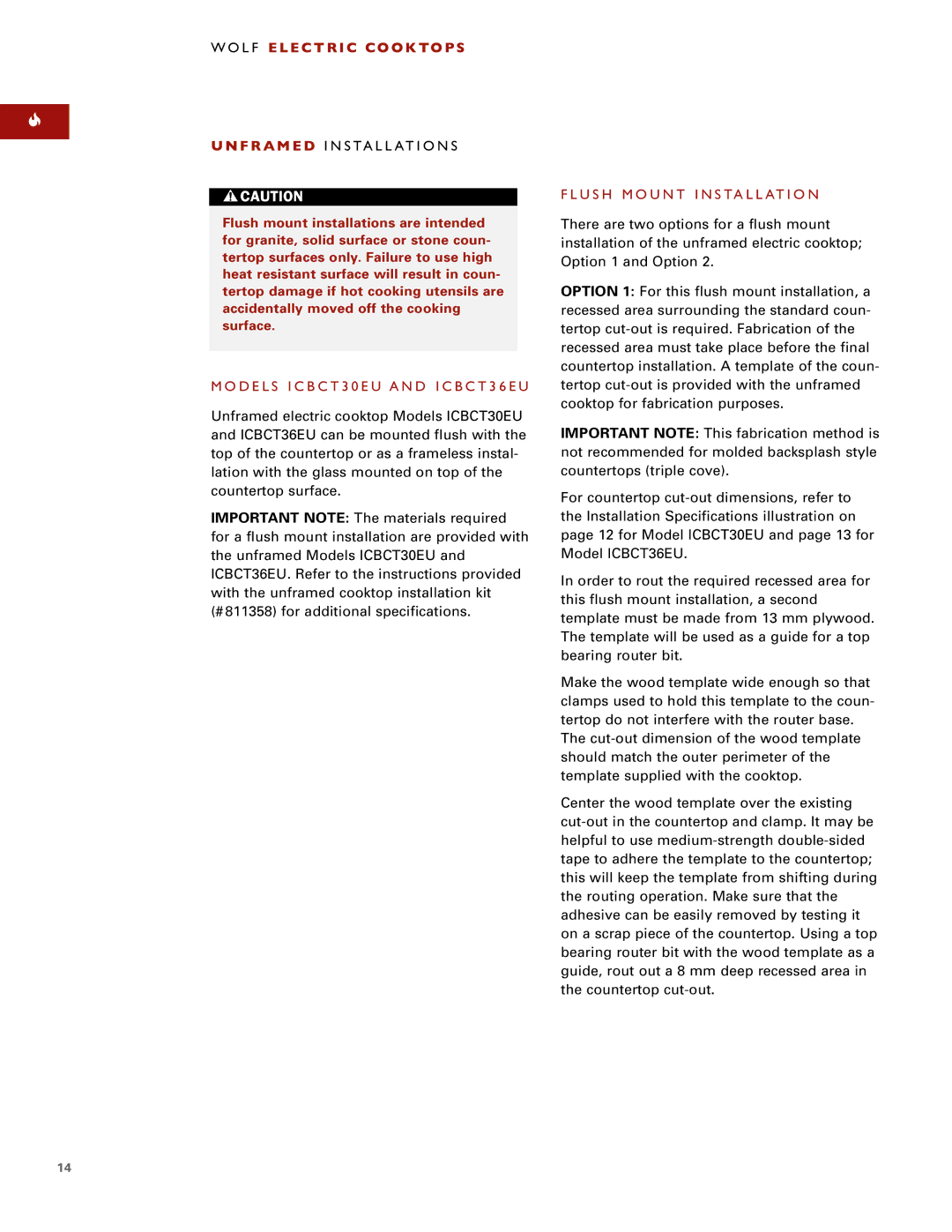 Wolf ICBCT15E installation instructions Models ICBCT30EU and ICBCT36EU, Flush Mount Installation 