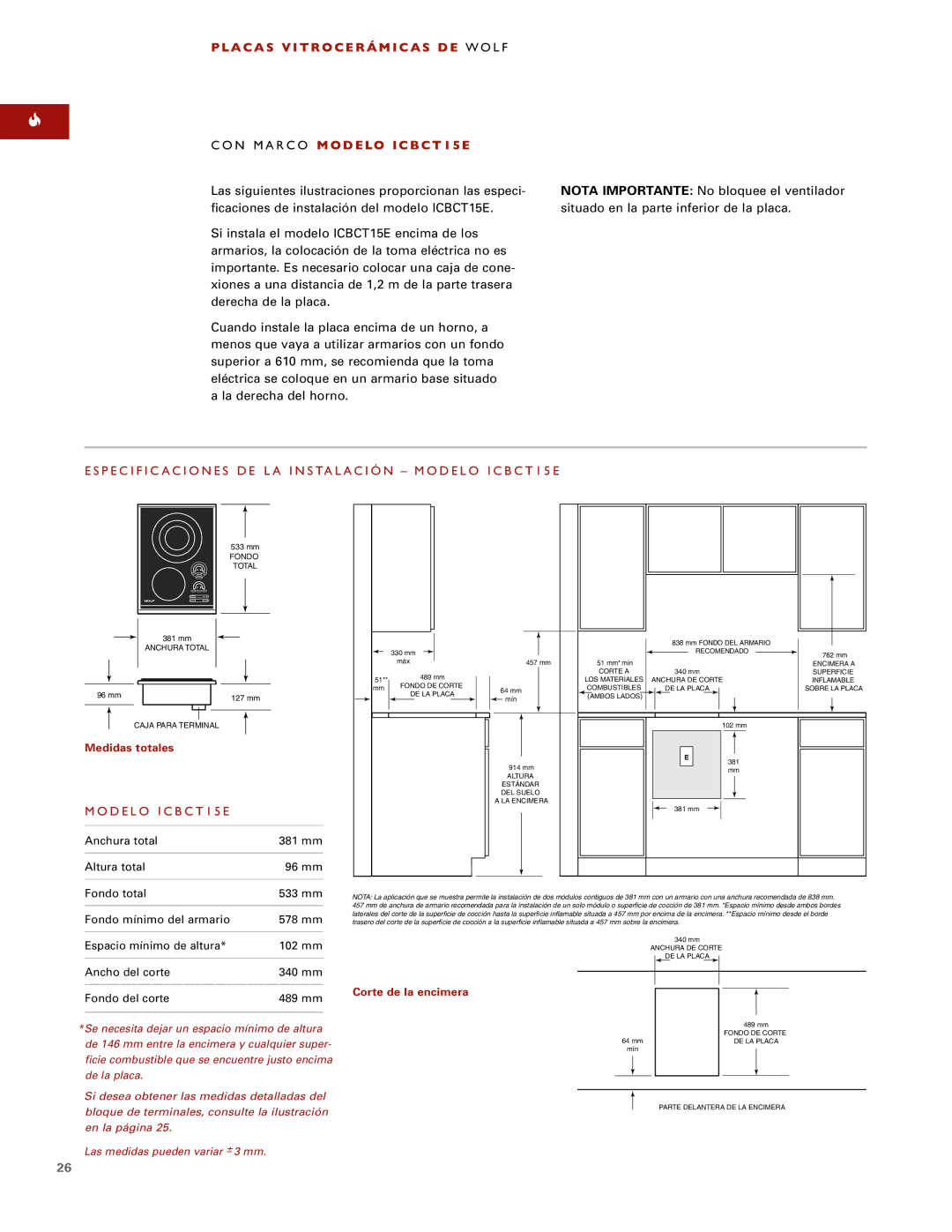 Wolf ICBCT36EU, ICBCT30EU installation instructions Especific Aciones DE LA Instalación Modelo ICBCT15E 