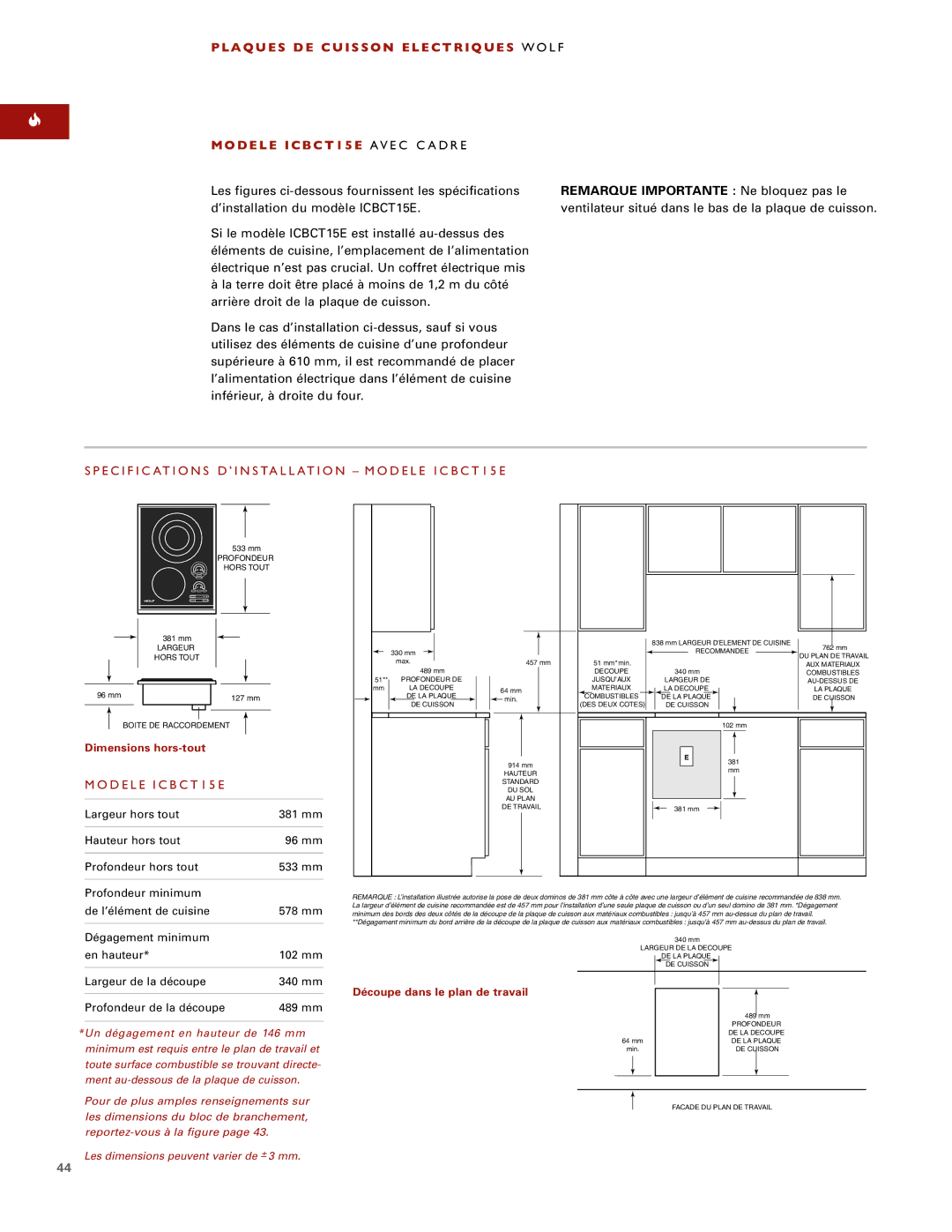 Wolf ICBCT36EU, ICBCT30EU installation instructions Specific Ations D’INSTALLATION Modele ICBCT15E 