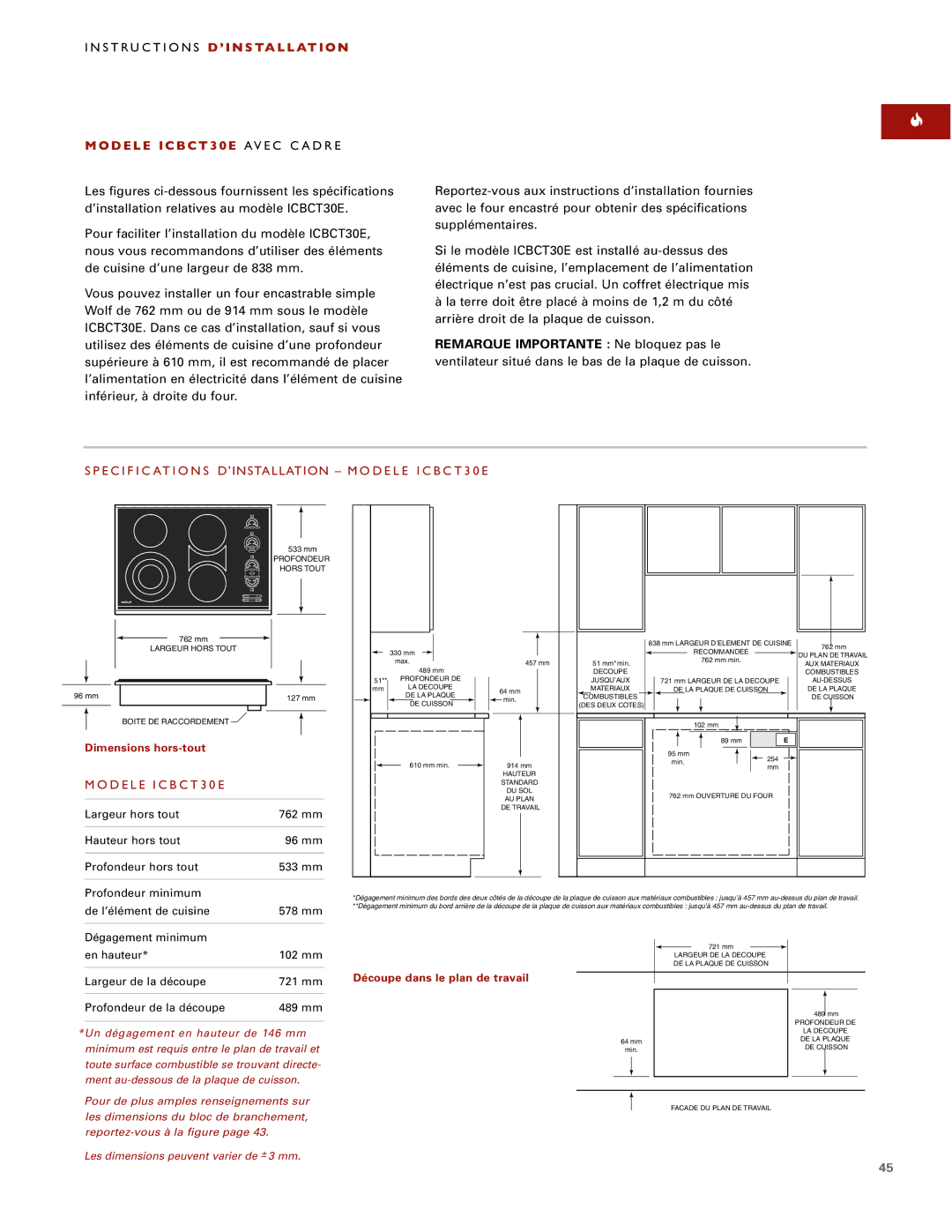 Wolf ICBCT36EU, ICBCT30EU, ICBCT15E installation instructions Specific Ations D’INSTALLATION Modele ICBCT30E 