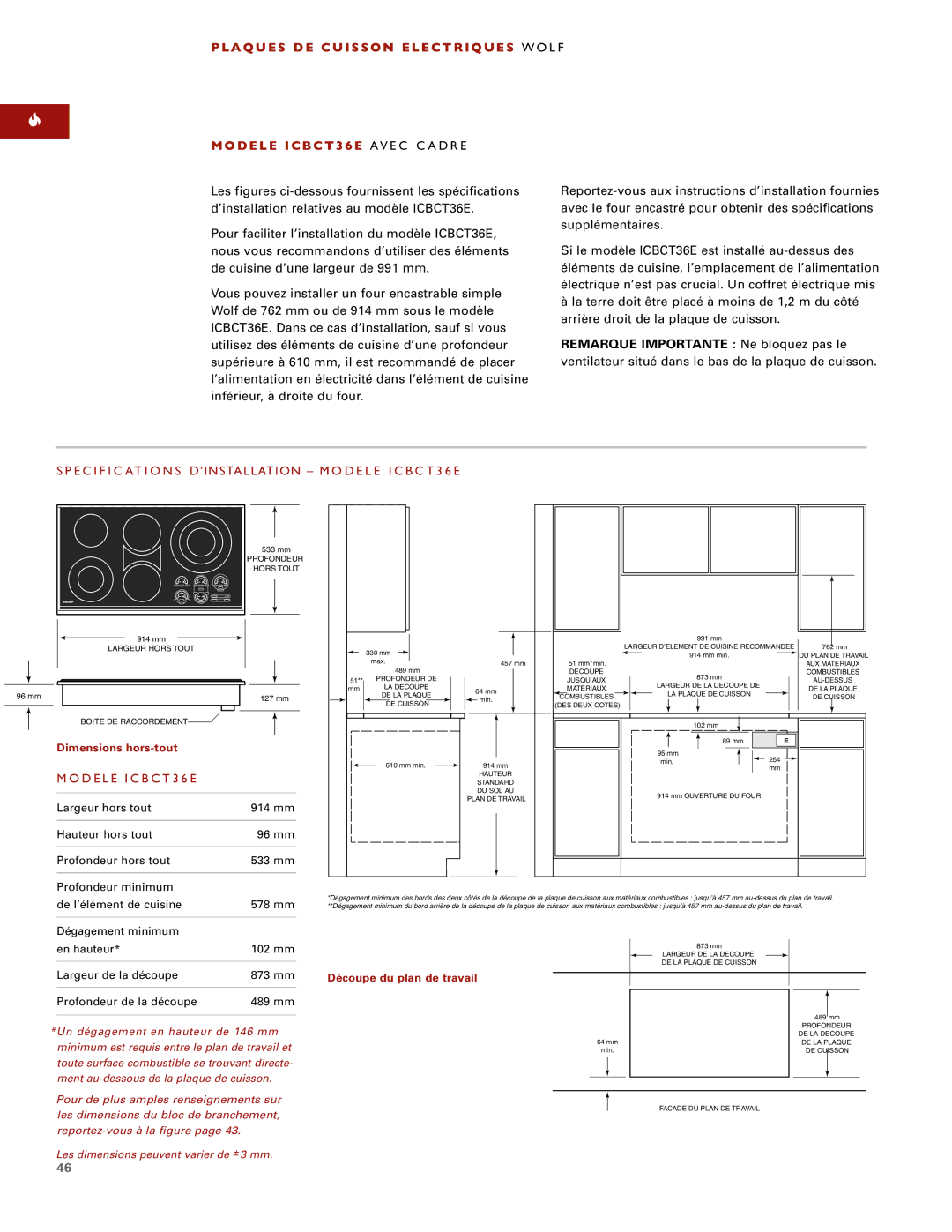 Wolf ICBCT36EU, ICBCT30EU, ICBCT15E installation instructions Specific Ations D’INSTALLATION Modele ICBCT36E 