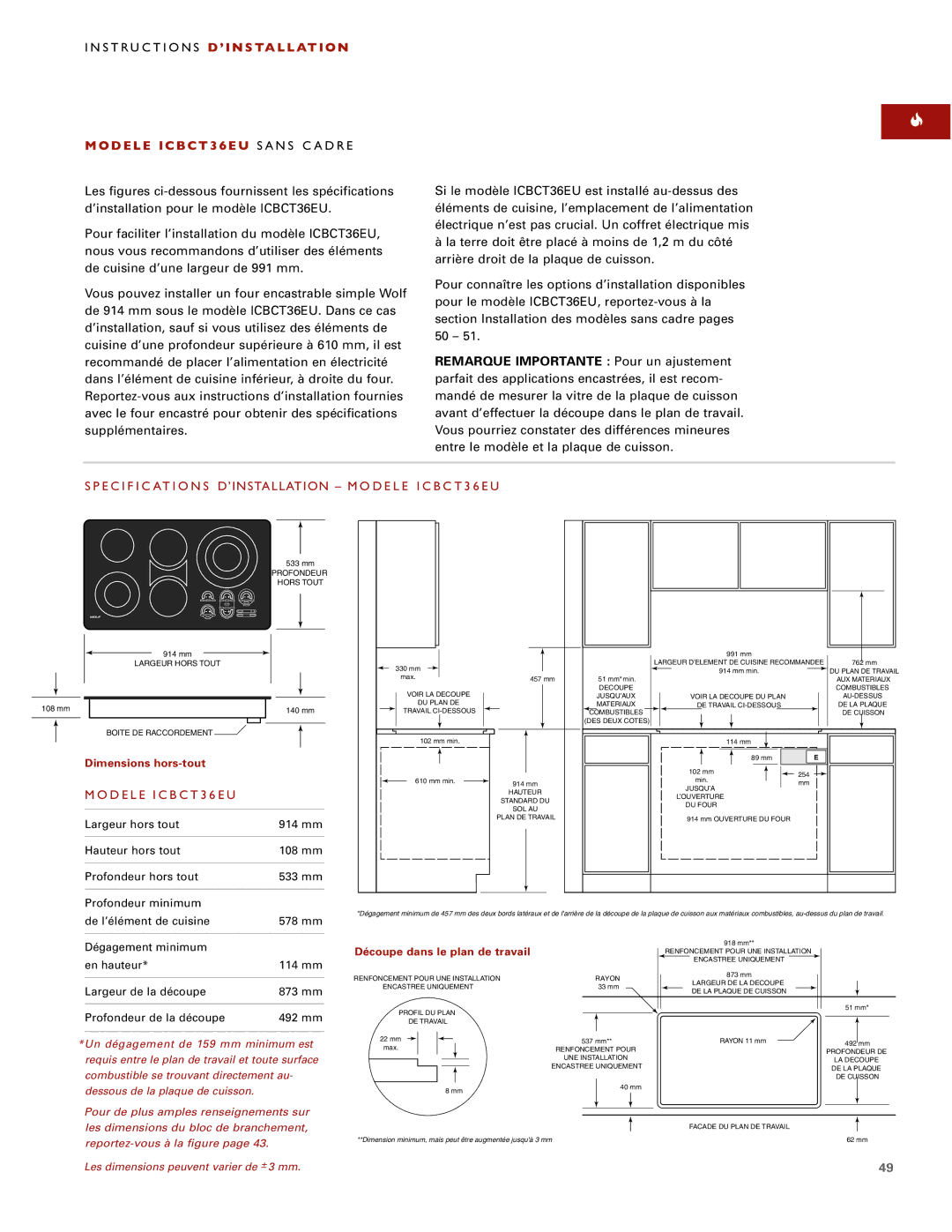 Wolf ICBCT15E, ICBCT30EU installation instructions Specific Ations D’INSTALLATION Modele ICBCT36EU 