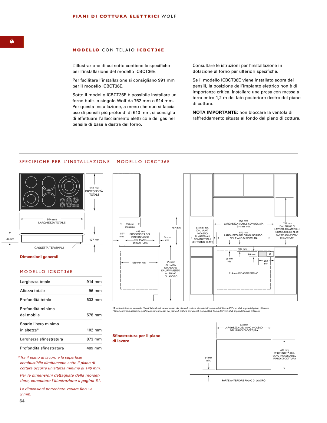 Wolf ICBCT15E, ICBCT36EU, ICBCT30EU installation instructions Specifiche PER L’INSTALLAZIONE Modello ICBCT36E 