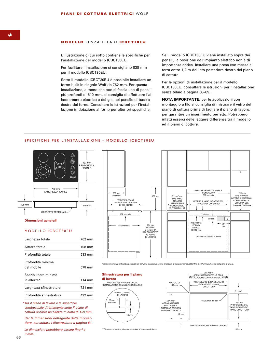 Wolf ICBCT36EU, ICBCT15E installation instructions Specifiche PER L’INSTALLAZIONE Modello ICBCT30EU 