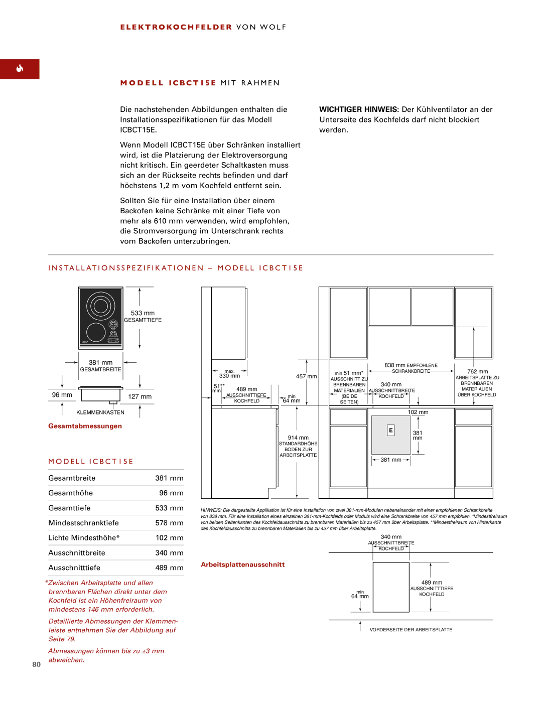 Wolf ICBCT36EU, ICBCT30EU installation instructions Installationsspezifikationen Modell ICBCT15E 