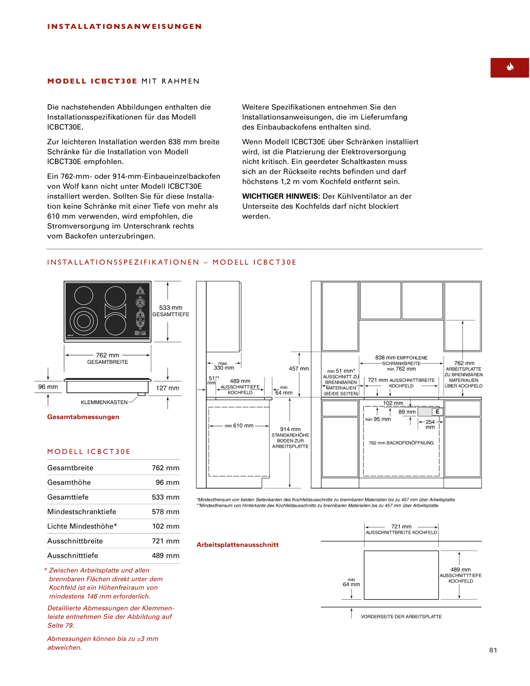 Wolf ICBCT36EU, ICBCT30EU, ICBCT15E installation instructions Installationsspezifikationen Modell ICBCT30E 