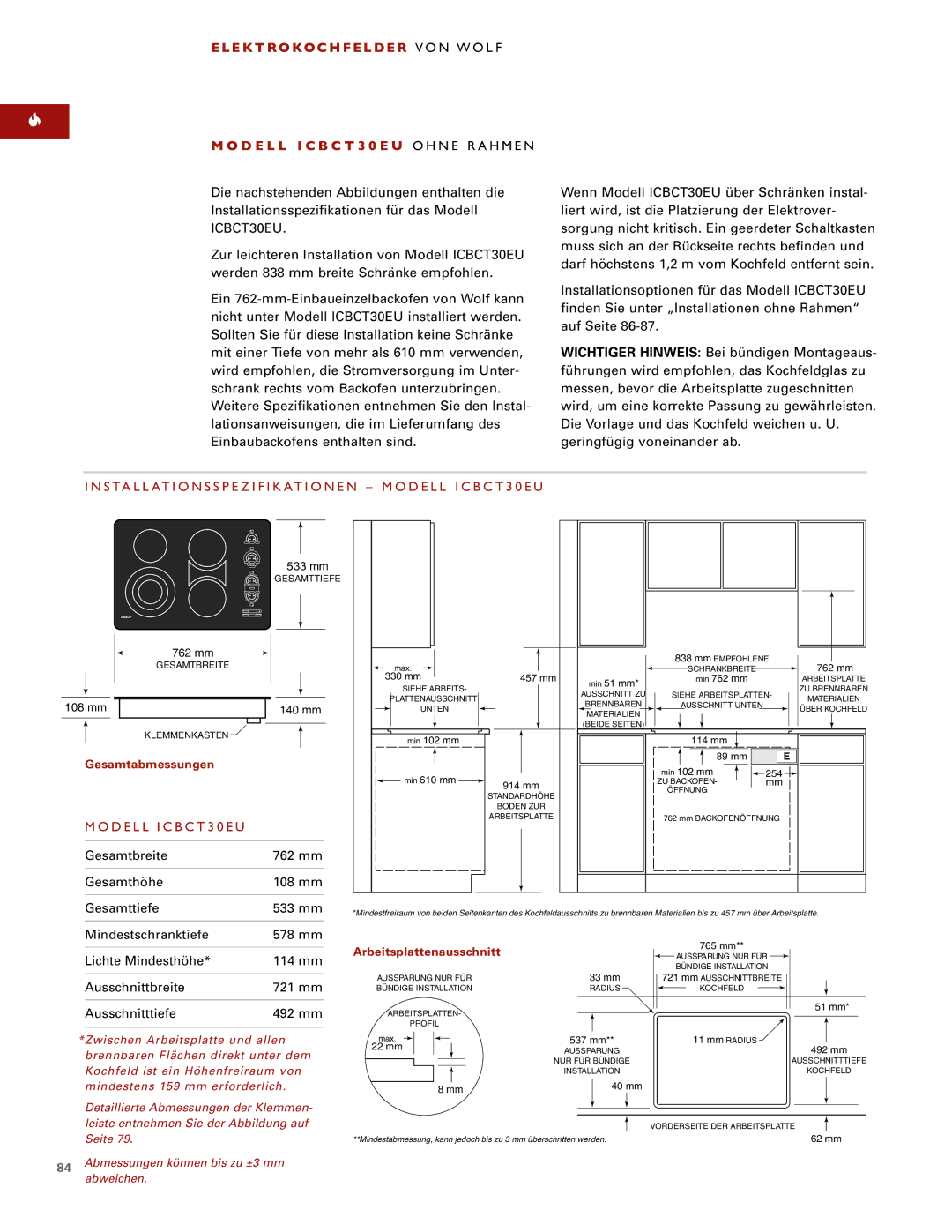 Wolf ICBCT15E, ICBCT36EU installation instructions Installationsspezifikationen Modell ICBCT30EU 