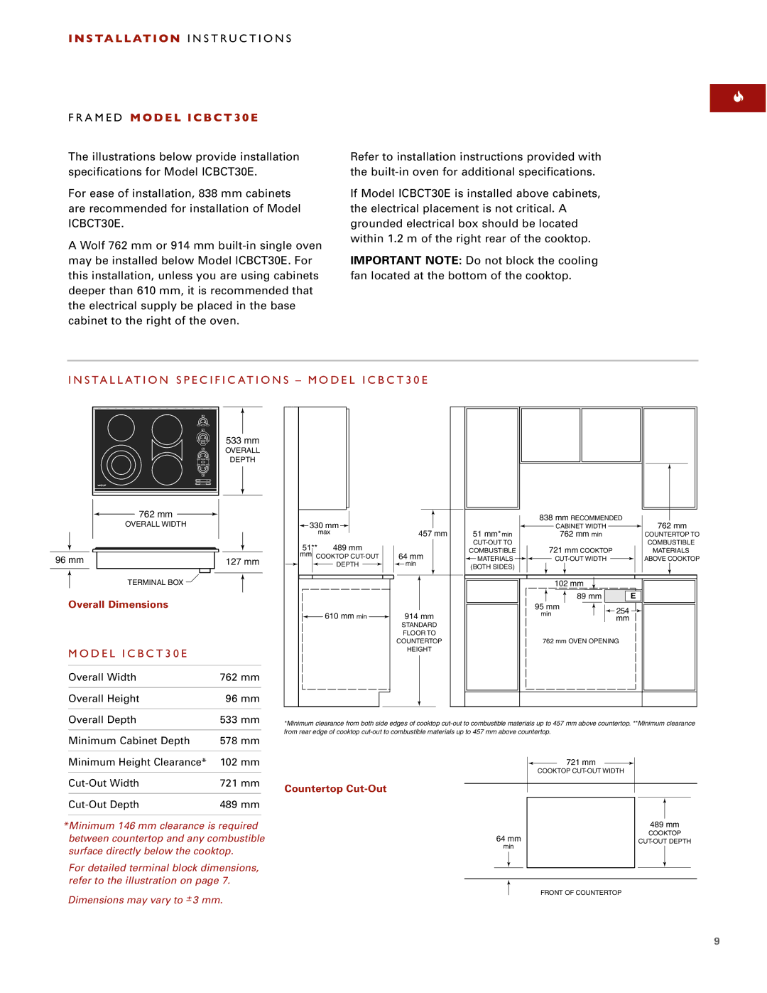 Wolf ICBCT15E, ICBCT36EU, ICBCT30EU installation instructions Installation Specific Ations Model ICBCT30E 