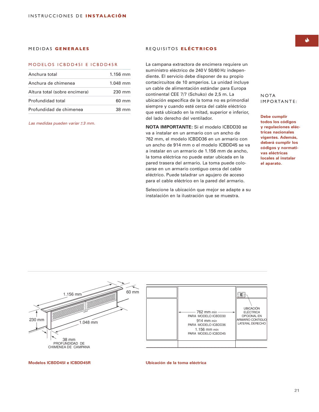 Wolf ICBDD30 installation instructions Modelos ICBDD45I E ICBDD45R, Requisitos E L É C T R I C O S, Nota Importante 