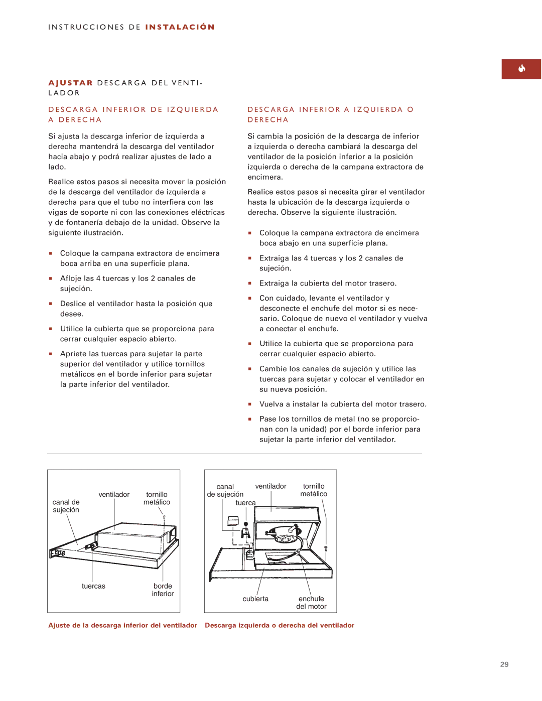 Wolf ICBDD30 installation instructions U S TA R Desc Arga DEL Venti Lador, Desc Arga Inferior DE Izquierda a Derecha 