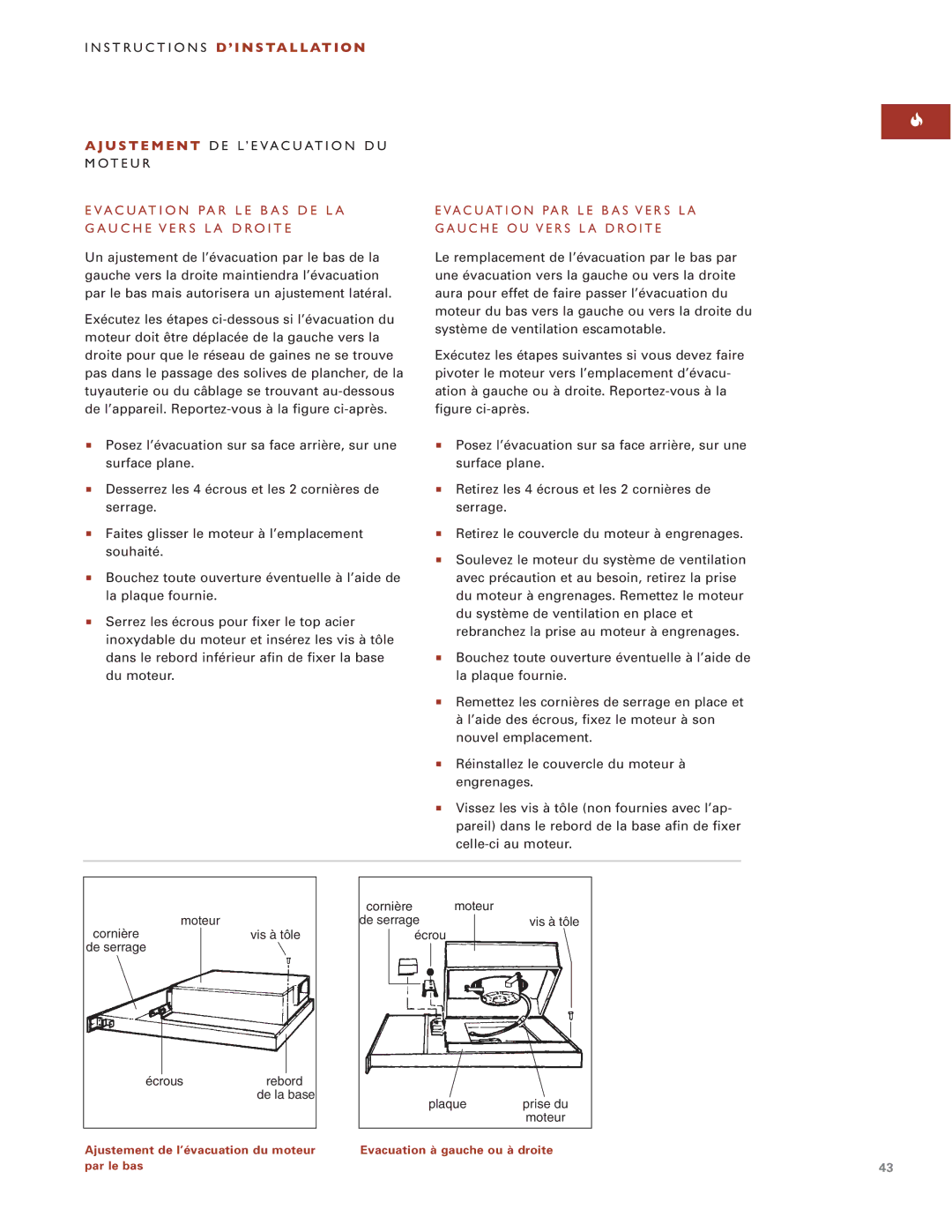 Wolf ICBDD30 installation instructions Instructions D ’ I N S TA L L AT I O N, U S T E M E N T DE L’EVACUATION DU Moteur 