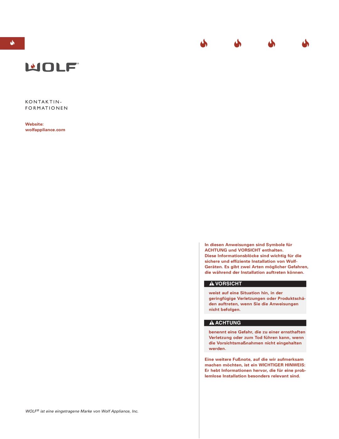 Wolf ICBDD30 installation instructions Vorsicht, Ko N Ta K T I N R M At I O N E N 