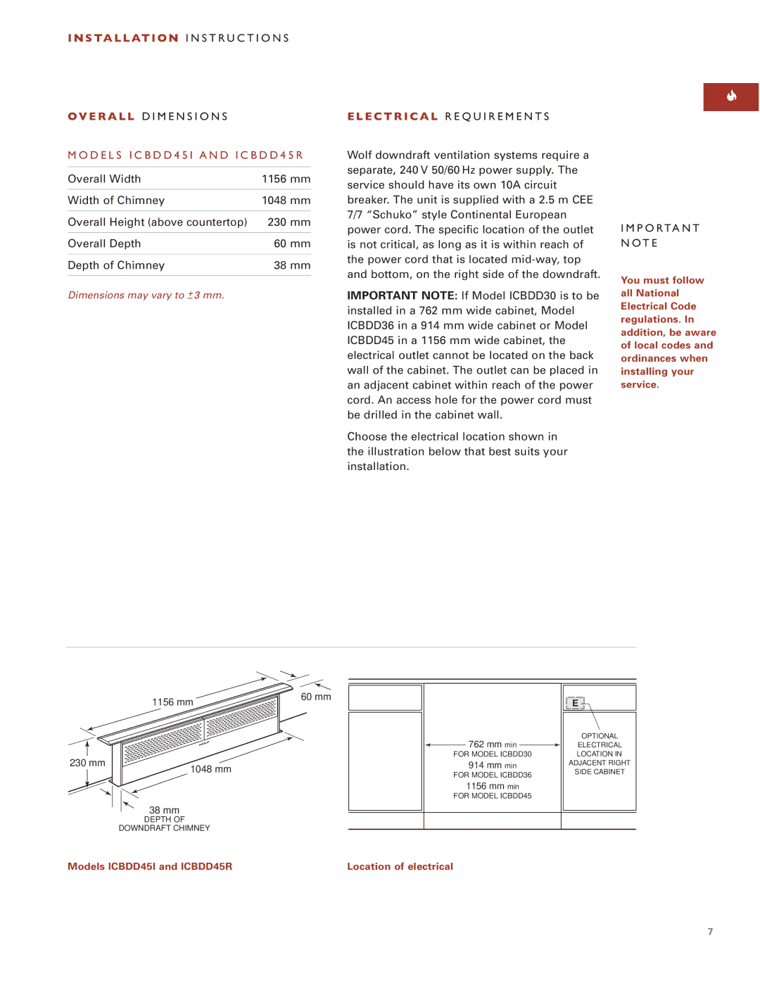 Wolf ICBDD30 installation instructions S Ta L L At I O N I N S T Ru C T I O N S, Models ICBDD45I and ICBDD45R 