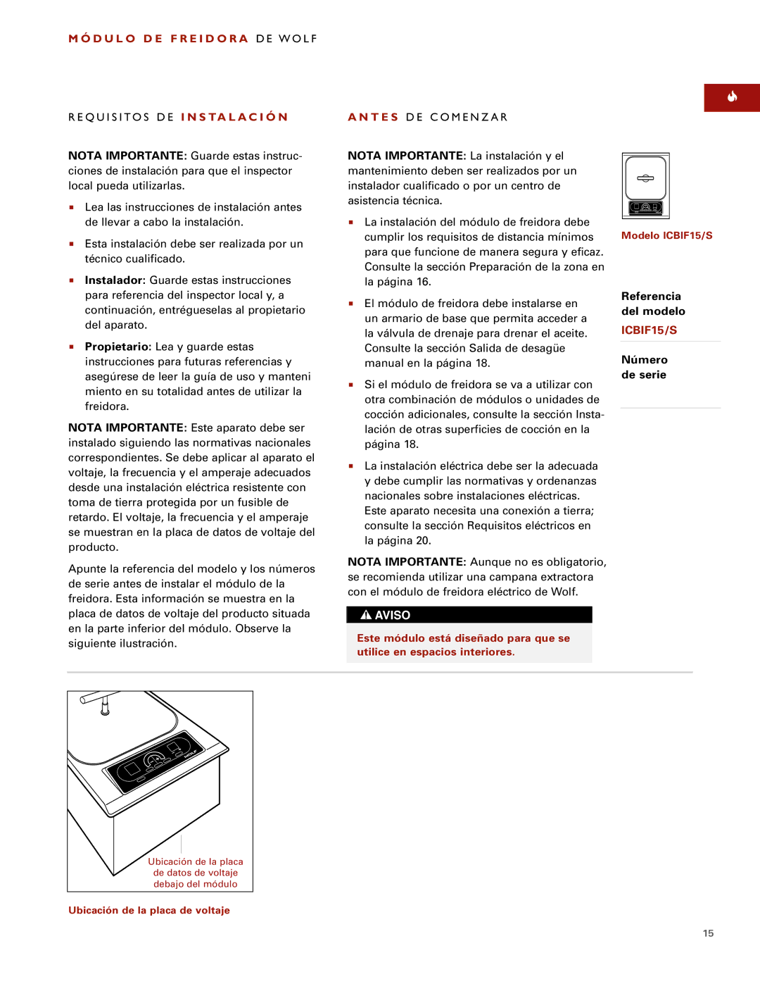 Wolf ICBIF15/S installation instructions D U L O D E F R E I D O R a D E W O L F, Referencia del modelo, Número de serie 
