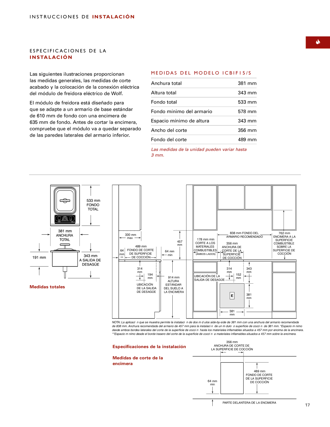 Wolf ICBIF15/S installation instructions Instal ACI ÓN, D I DA S D E L M O D E L O I C B I F 1 5 / S 