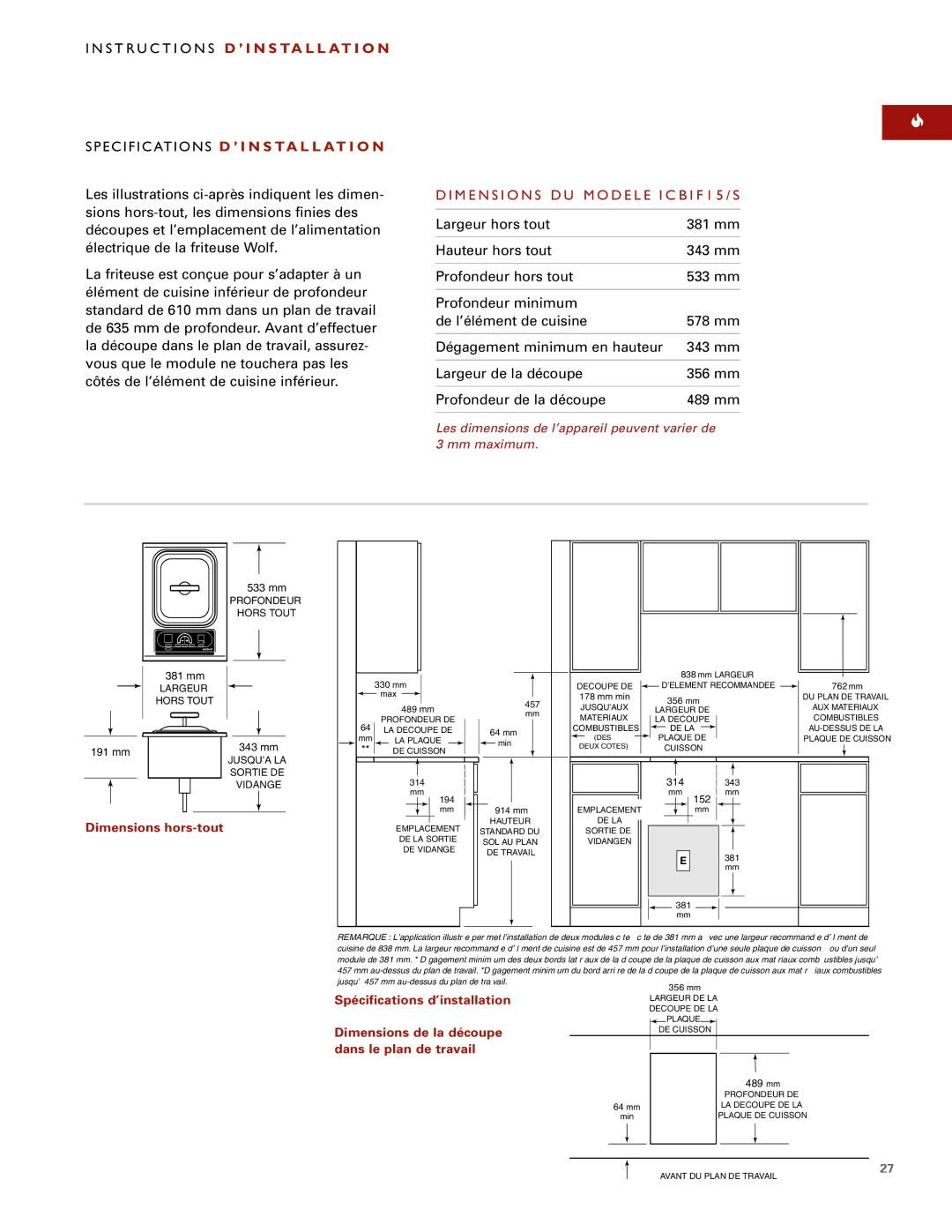 Wolf ICBIF15/S S T R U C T I O N S D ’ I N S Ta L L At I O N, E C I F I C At I O N S D ’ I N S Ta L L At I O N 