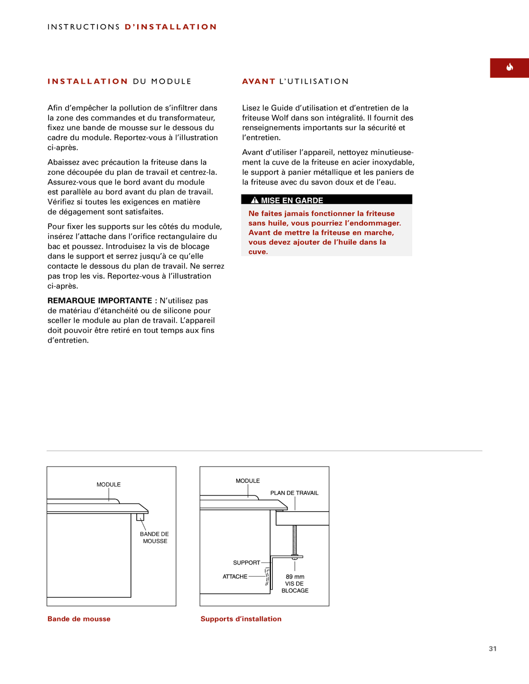 Wolf ICBIF15/S installation instructions Bande de mousse Supports d’installation 