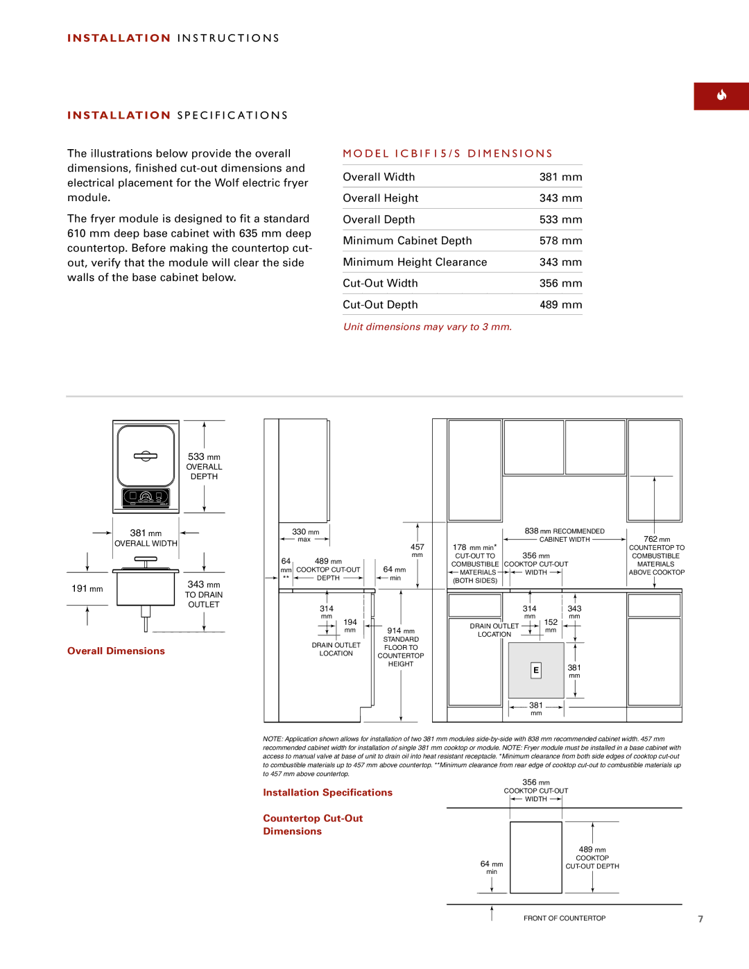 Wolf ICBIF15/S installation instructions D E L I C B I F 1 5 / S D I M E N S I O N S 