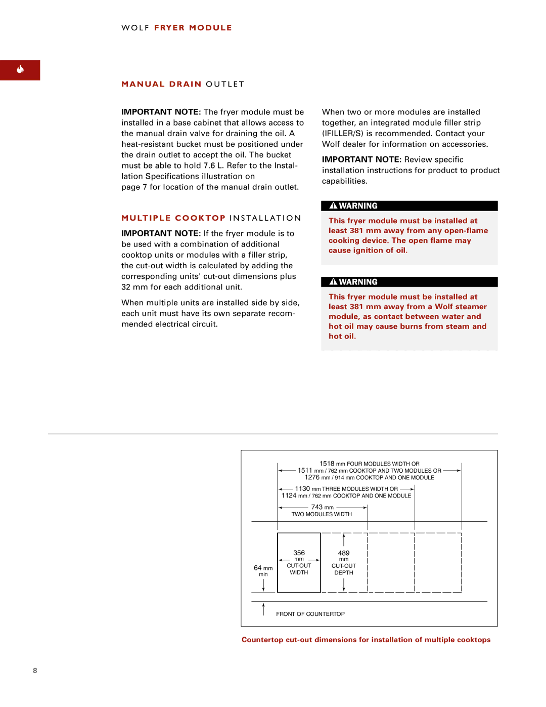 Wolf ICBIF15/S installation instructions L F Fryer Module Manual Drain O U T L E T, Multiple Cooktop I N S TA L L AT I O N 